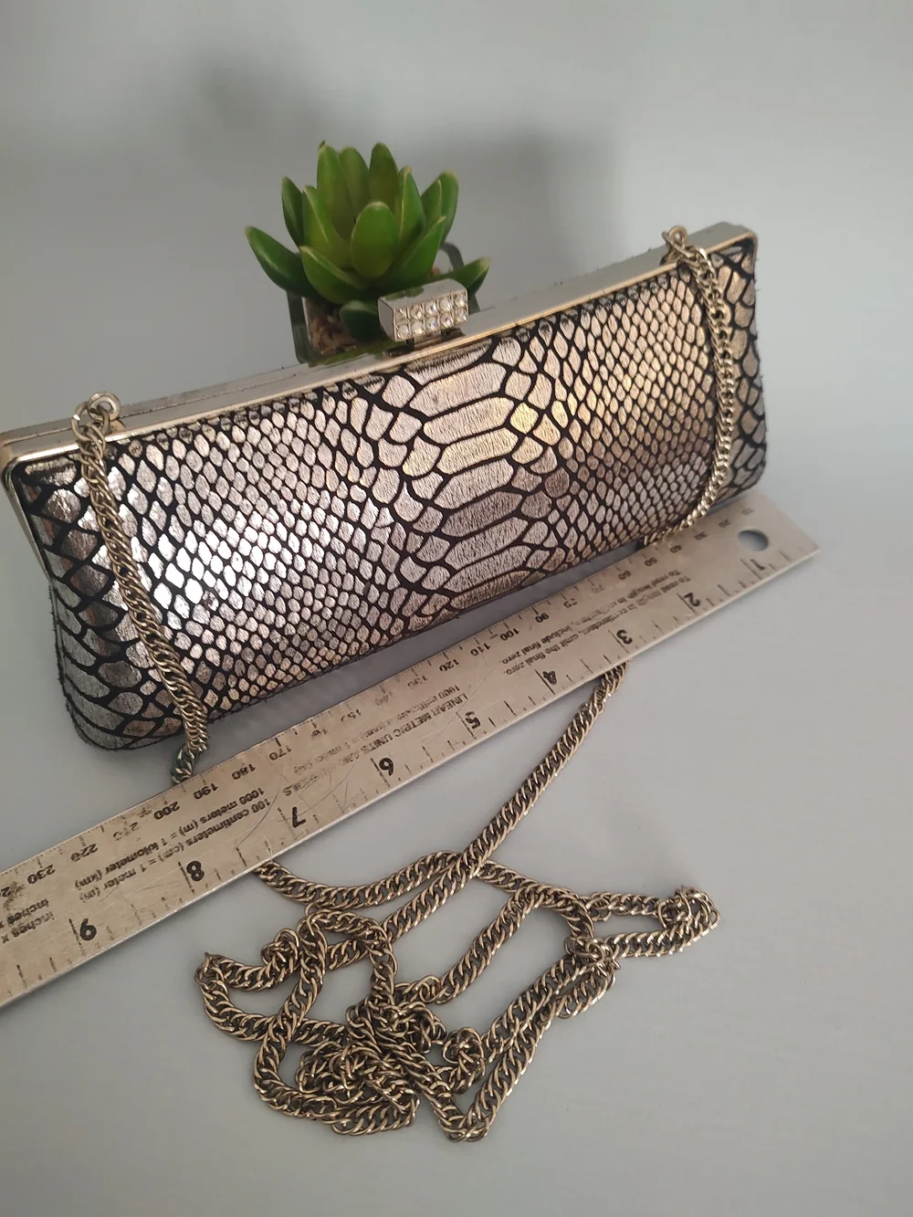Metallic Snake-Print Evening Clutch with Chain Strap